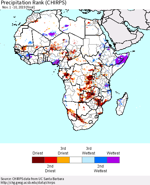 Africa Precipitation Rank since 1981 (CHIRPS) Thematic Map For 11/1/2019 - 11/10/2019