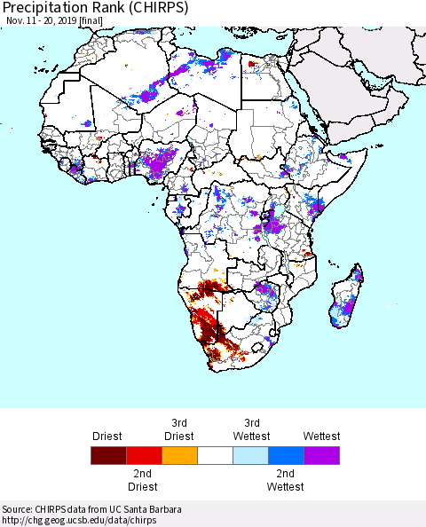 Africa Precipitation Rank since 1981 (CHIRPS) Thematic Map For 11/11/2019 - 11/20/2019
