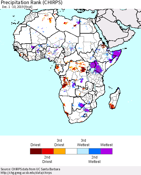 Africa Precipitation Rank since 1981 (CHIRPS) Thematic Map For 12/1/2019 - 12/10/2019
