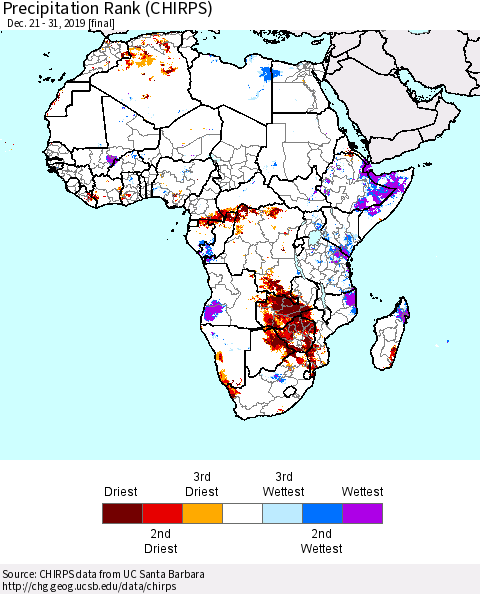Africa Precipitation Rank since 1981 (CHIRPS) Thematic Map For 12/21/2019 - 12/31/2019