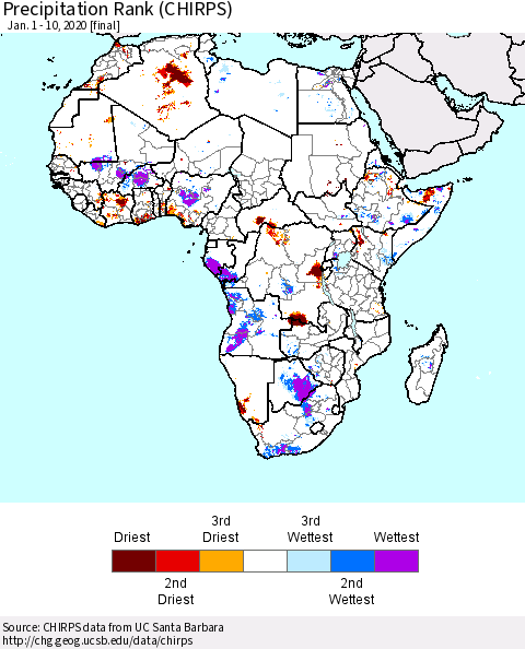 Africa Precipitation Rank since 1981 (CHIRPS) Thematic Map For 1/1/2020 - 1/10/2020