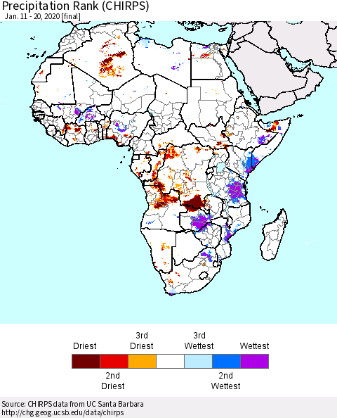 Africa Precipitation Rank since 1981 (CHIRPS) Thematic Map For 1/11/2020 - 1/20/2020