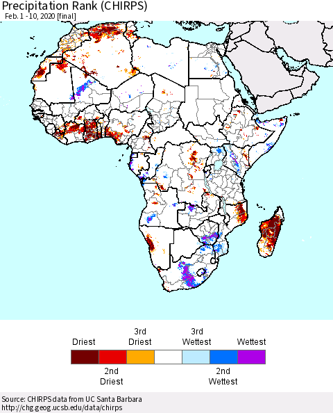 Africa Precipitation Rank since 1981 (CHIRPS) Thematic Map For 2/1/2020 - 2/10/2020