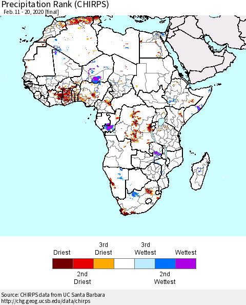 Africa Precipitation Rank since 1981 (CHIRPS) Thematic Map For 2/11/2020 - 2/20/2020