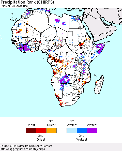 Africa Precipitation Rank since 1981 (CHIRPS) Thematic Map For 3/21/2020 - 3/31/2020