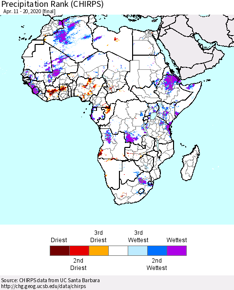 Africa Precipitation Rank since 1981 (CHIRPS) Thematic Map For 4/11/2020 - 4/20/2020