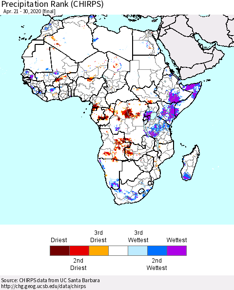 Africa Precipitation Rank (CHIRPS) Thematic Map For 4/21/2020 - 4/30/2020