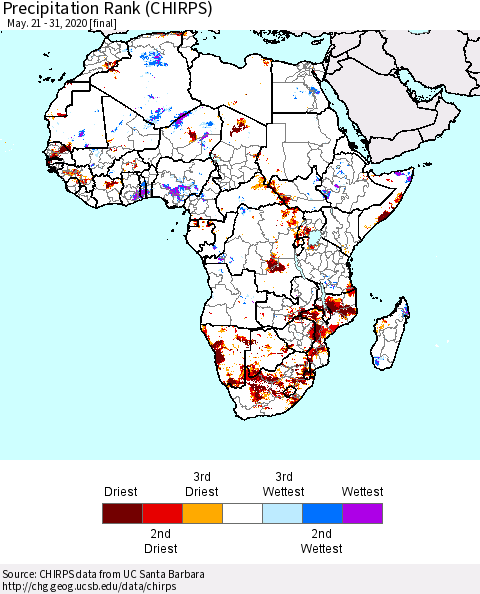 Africa Precipitation Rank (CHIRPS) Thematic Map For 5/21/2020 - 5/31/2020