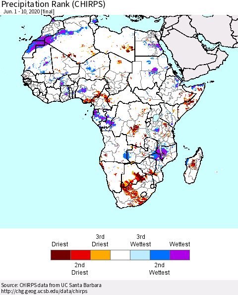 Africa Precipitation Rank (CHIRPS) Thematic Map For 6/1/2020 - 6/10/2020
