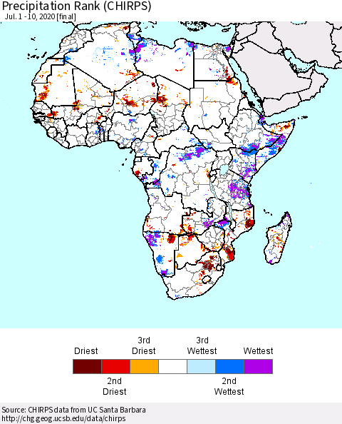 Africa Precipitation Rank since 1981 (CHIRPS) Thematic Map For 7/1/2020 - 7/10/2020