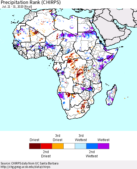 Africa Precipitation Rank since 1981 (CHIRPS) Thematic Map For 7/21/2020 - 7/31/2020
