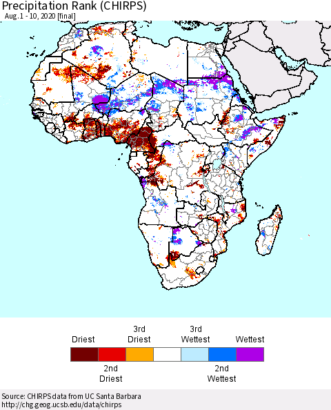Africa Precipitation Rank (CHIRPS) Thematic Map For 8/1/2020 - 8/10/2020