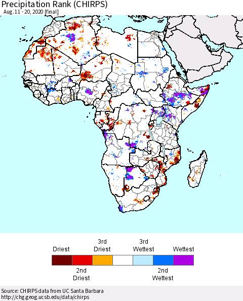 Africa Precipitation Rank since 1981 (CHIRPS) Thematic Map For 8/11/2020 - 8/20/2020