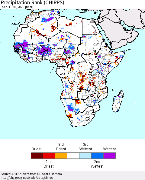 Africa Precipitation Rank (CHIRPS) Thematic Map For 9/1/2020 - 9/10/2020
