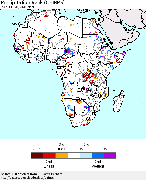 Africa Precipitation Rank (CHIRPS) Thematic Map For 9/11/2020 - 9/20/2020