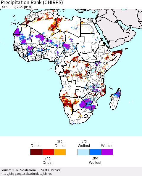 Africa Precipitation Rank (CHIRPS) Thematic Map For 10/1/2020 - 10/10/2020