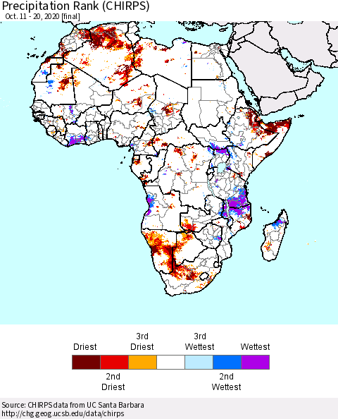 Africa Precipitation Rank (CHIRPS) Thematic Map For 10/11/2020 - 10/20/2020