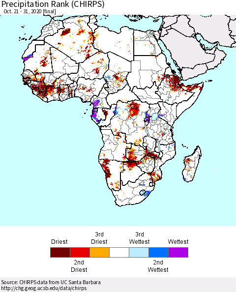 Africa Precipitation Rank (CHIRPS) Thematic Map For 10/21/2020 - 10/31/2020