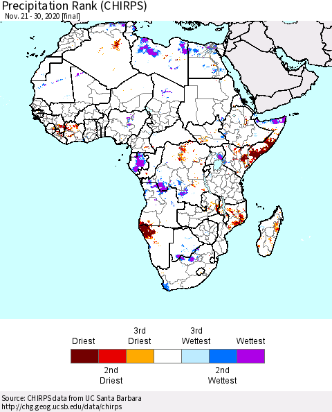Africa Precipitation Rank (CHIRPS) Thematic Map For 11/21/2020 - 11/30/2020