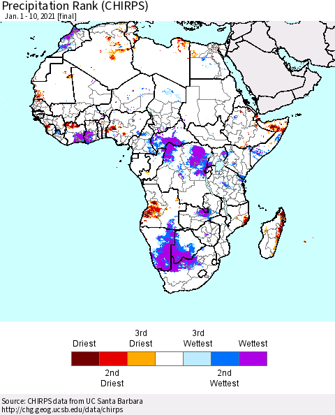 Africa Precipitation Rank since 1981 (CHIRPS) Thematic Map For 1/1/2021 - 1/10/2021