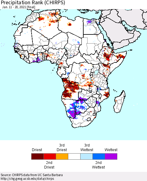Africa Precipitation Rank (CHIRPS) Thematic Map For 1/11/2021 - 1/20/2021
