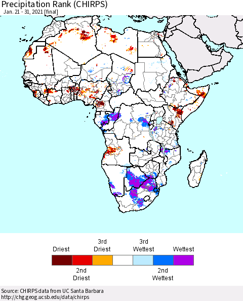 Africa Precipitation Rank since 1981 (CHIRPS) Thematic Map For 1/21/2021 - 1/31/2021