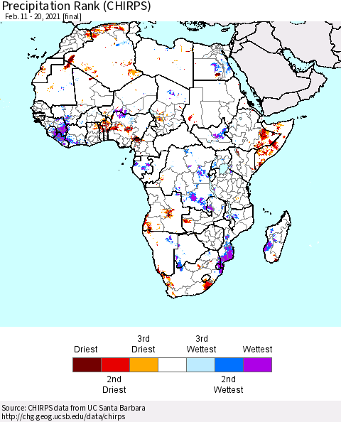 Africa Precipitation Rank (CHIRPS) Thematic Map For 2/11/2021 - 2/20/2021