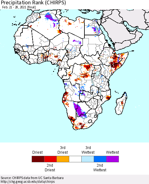 Africa Precipitation Rank (CHIRPS) Thematic Map For 2/21/2021 - 2/28/2021