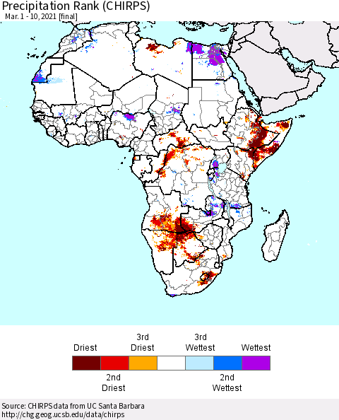 Africa Precipitation Rank (CHIRPS) Thematic Map For 3/1/2021 - 3/10/2021
