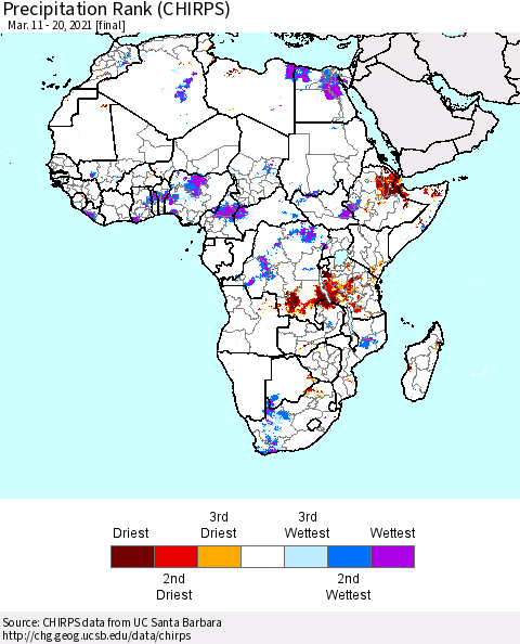 Africa Precipitation Rank (CHIRPS) Thematic Map For 3/11/2021 - 3/20/2021