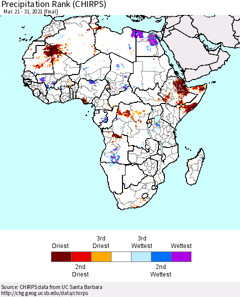 Africa Precipitation Rank since 1981 (CHIRPS) Thematic Map For 3/21/2021 - 3/31/2021