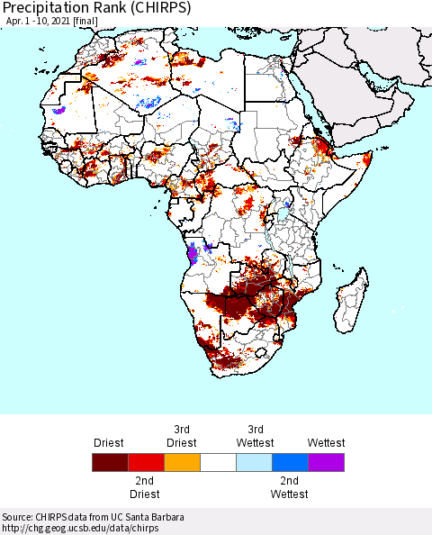 Africa Precipitation Rank (CHIRPS) Thematic Map For 4/1/2021 - 4/10/2021
