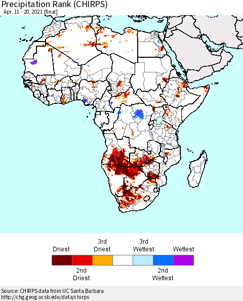 Africa Precipitation Rank (CHIRPS) Thematic Map For 4/11/2021 - 4/20/2021