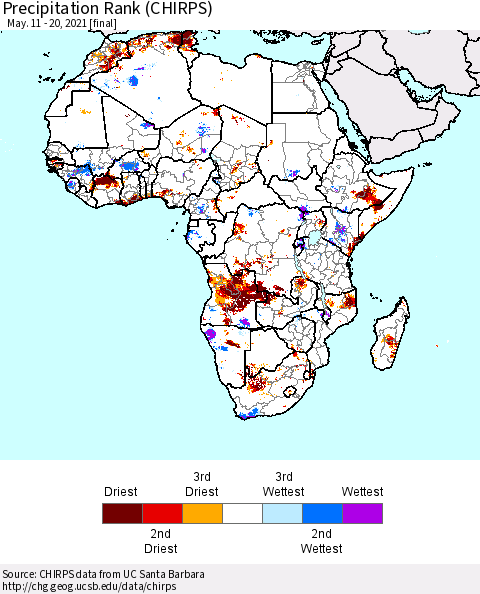Africa Precipitation Rank (CHIRPS) Thematic Map For 5/11/2021 - 5/20/2021