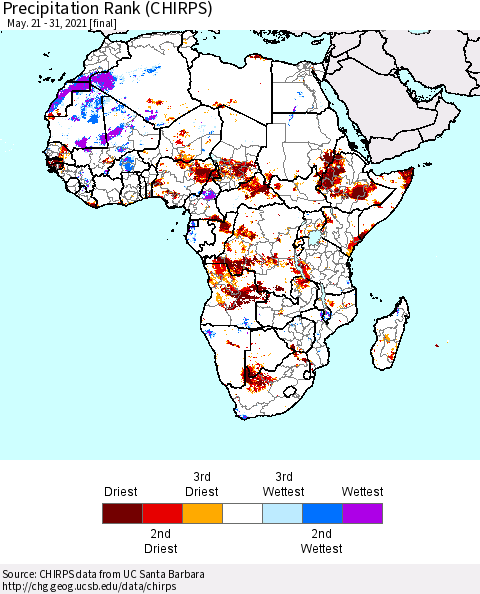 Africa Precipitation Rank (CHIRPS) Thematic Map For 5/21/2021 - 5/31/2021