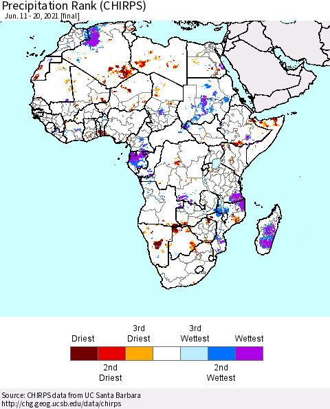 Africa Precipitation Rank (CHIRPS) Thematic Map For 6/11/2021 - 6/20/2021