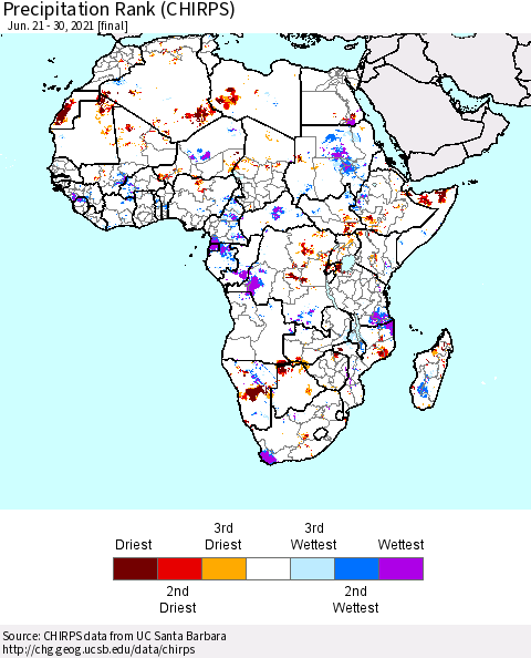 Africa Precipitation Rank (CHIRPS) Thematic Map For 6/21/2021 - 6/30/2021