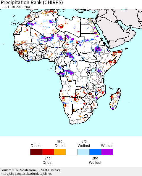 Africa Precipitation Rank (CHIRPS) Thematic Map For 7/1/2021 - 7/10/2021