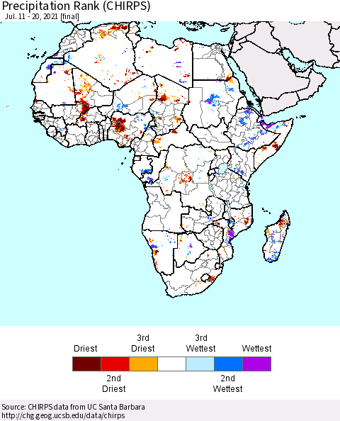 Africa Precipitation Rank (CHIRPS) Thematic Map For 7/11/2021 - 7/20/2021
