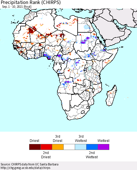 Africa Precipitation Rank (CHIRPS) Thematic Map For 9/1/2021 - 9/10/2021