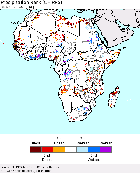 Africa Precipitation Rank (CHIRPS) Thematic Map For 9/21/2021 - 9/30/2021