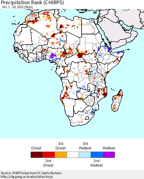 Africa Precipitation Rank (CHIRPS) Thematic Map For 10/1/2021 - 10/10/2021