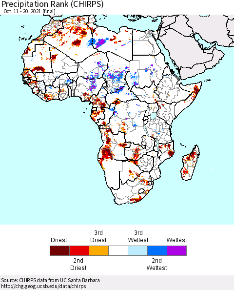 Africa Precipitation Rank (CHIRPS) Thematic Map For 10/11/2021 - 10/20/2021