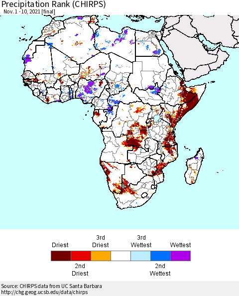 Africa Precipitation Rank (CHIRPS) Thematic Map For 11/1/2021 - 11/10/2021