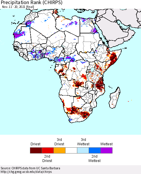 Africa Precipitation Rank (CHIRPS) Thematic Map For 11/11/2021 - 11/20/2021