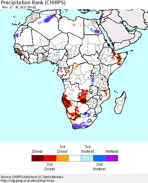 Africa Precipitation Rank (CHIRPS) Thematic Map For 11/21/2021 - 11/30/2021