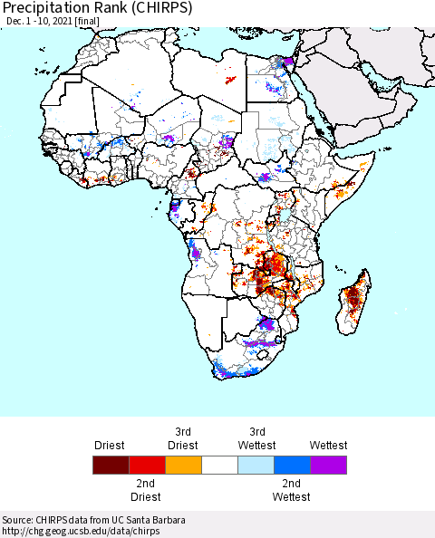 Africa Precipitation Rank (CHIRPS) Thematic Map For 12/1/2021 - 12/10/2021