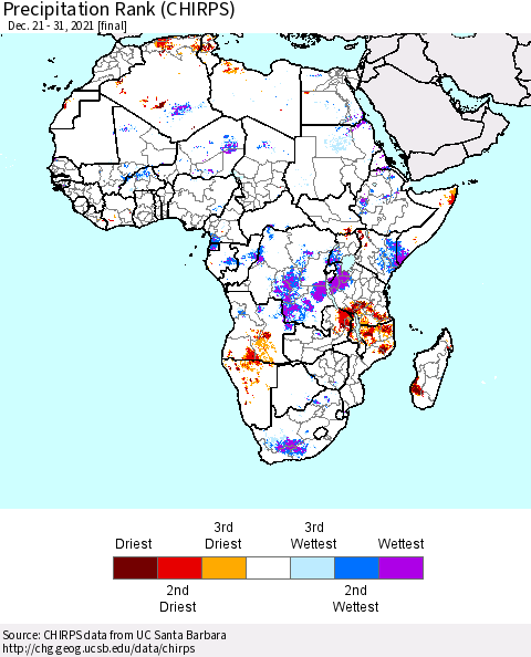 Africa Precipitation Rank since 1981 (CHIRPS) Thematic Map For 12/21/2021 - 12/31/2021