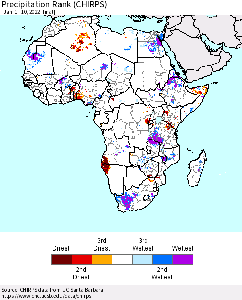 Africa Precipitation Rank (CHIRPS) Thematic Map For 1/1/2022 - 1/10/2022