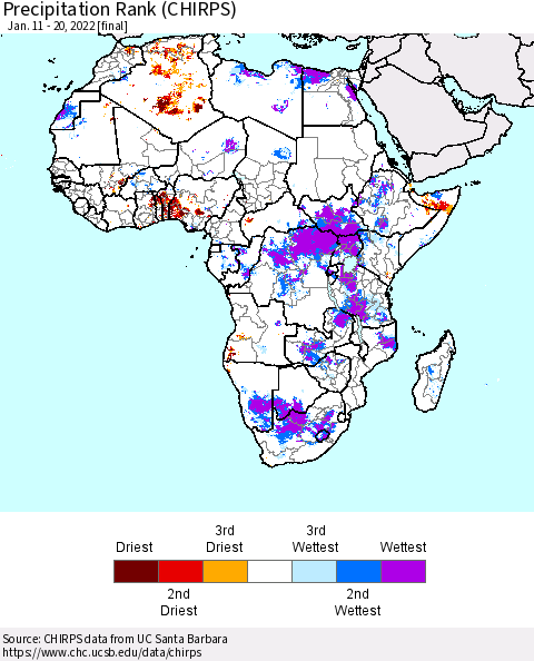 Africa Precipitation Rank (CHIRPS) Thematic Map For 1/11/2022 - 1/20/2022